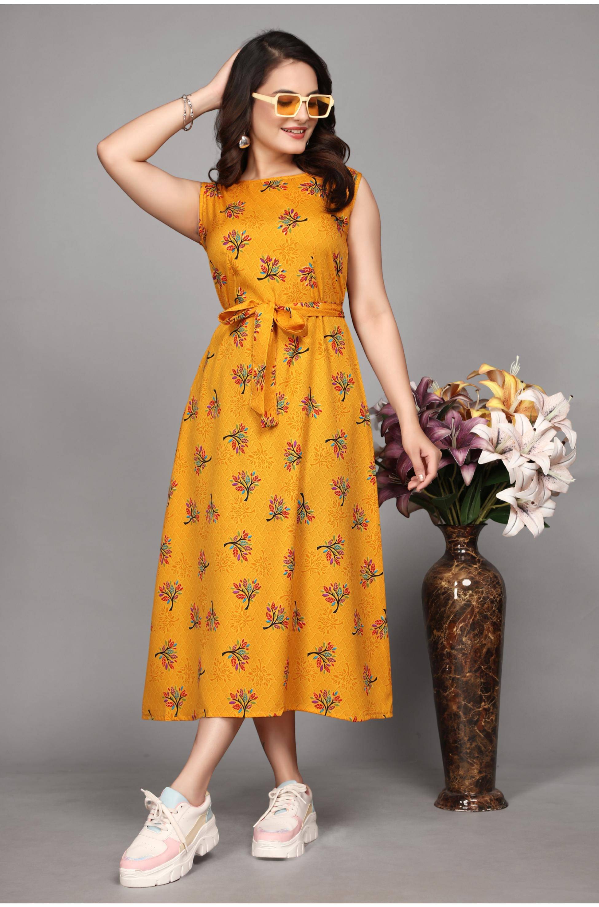 Devakii Women Crepe Printed Fit & Flare Dress ( Mustard ) Devakii Women Crepe Printed Fit & Flare Dress ( Mustard )