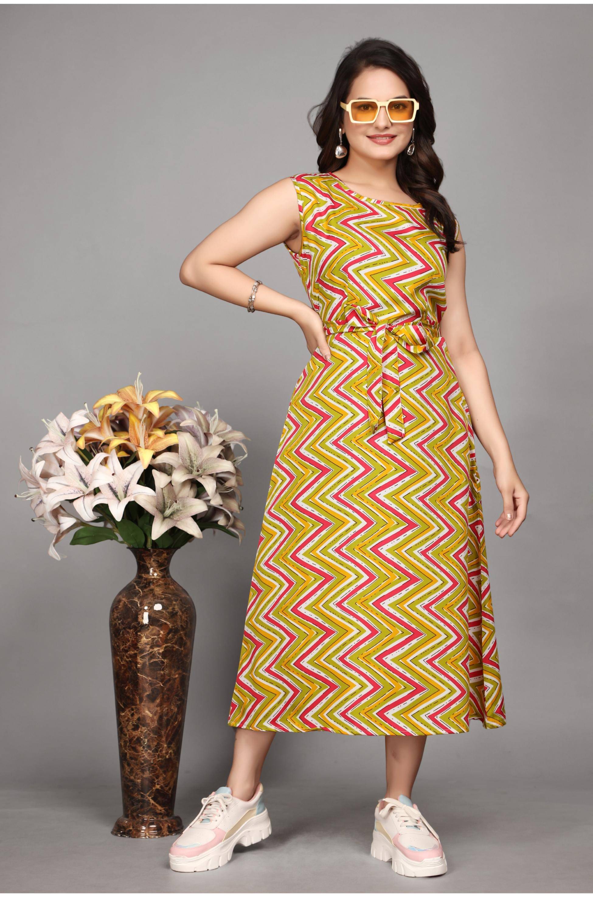     			Devakii Women Crepe Printed Fit & Flare Dress ( Lime Green )