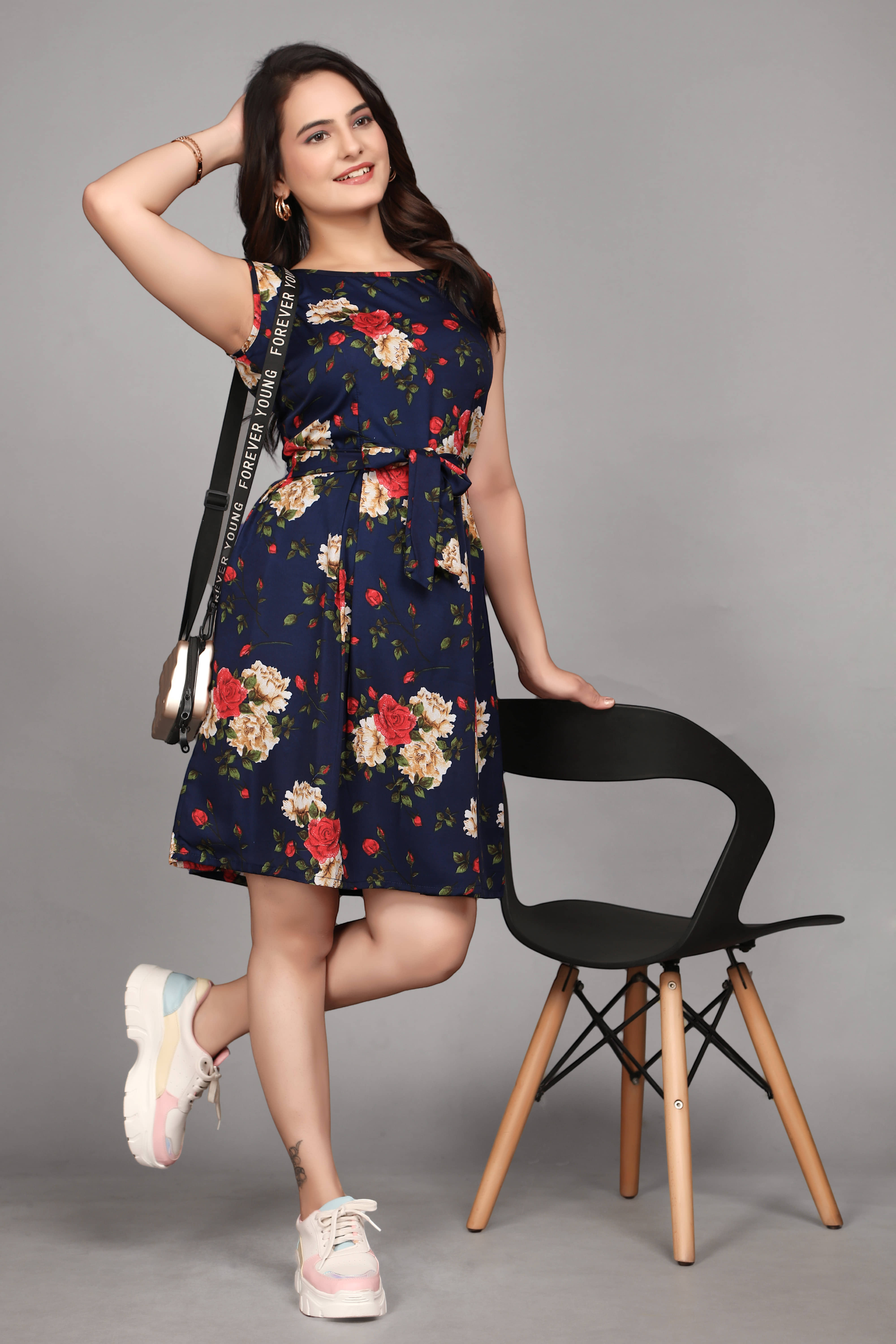 Devakii Women Crepe Printed Fit & Flare Dress ( Blue )