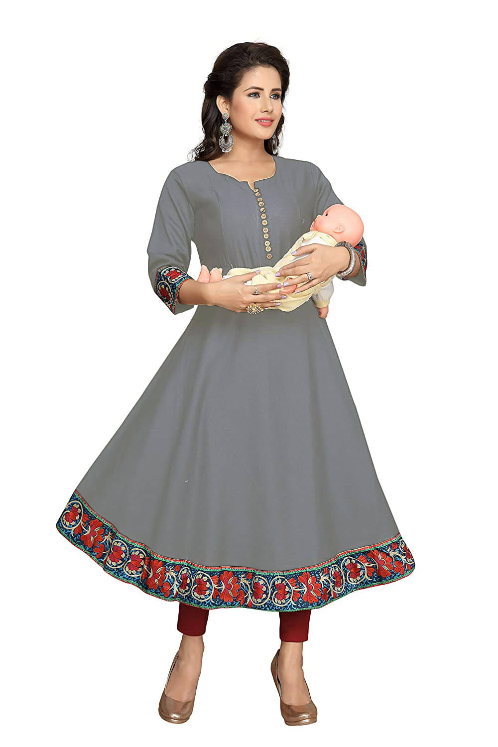     			HF Holyday Fashion Grey Cotton Maternity Kurta Single
