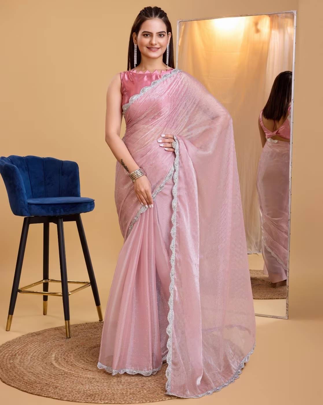 JULEE Net Embellished Saree With Unstitched Blouse Piece ( Peach ) JULEE Net Embellished Saree With Unstitched Blouse Piece ( Peach )