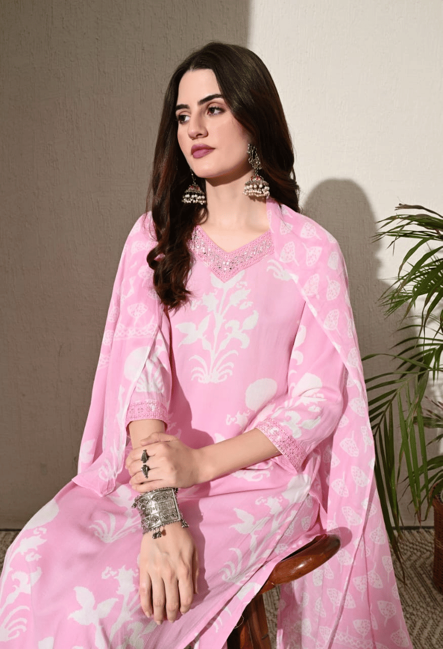     			Kbz Cotton Printed Kurti With Pants Women's Stitched Salwar Suit - Pink ( Pack of 1 )