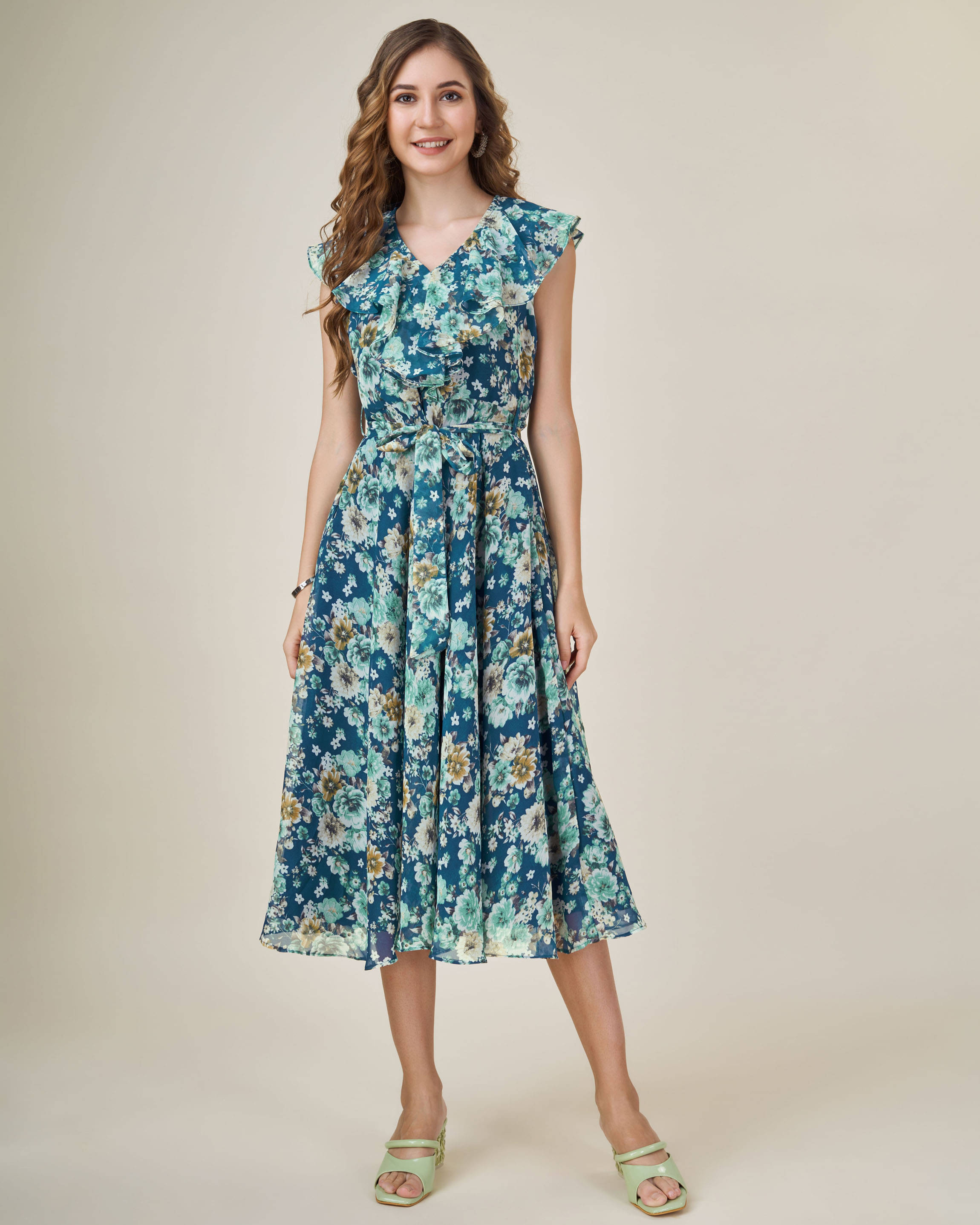 MOJILAA Women Georgette Printed Empire Dress ( Teal ) MOJILAA Women Georgette Printed Empire Dress ( Teal )