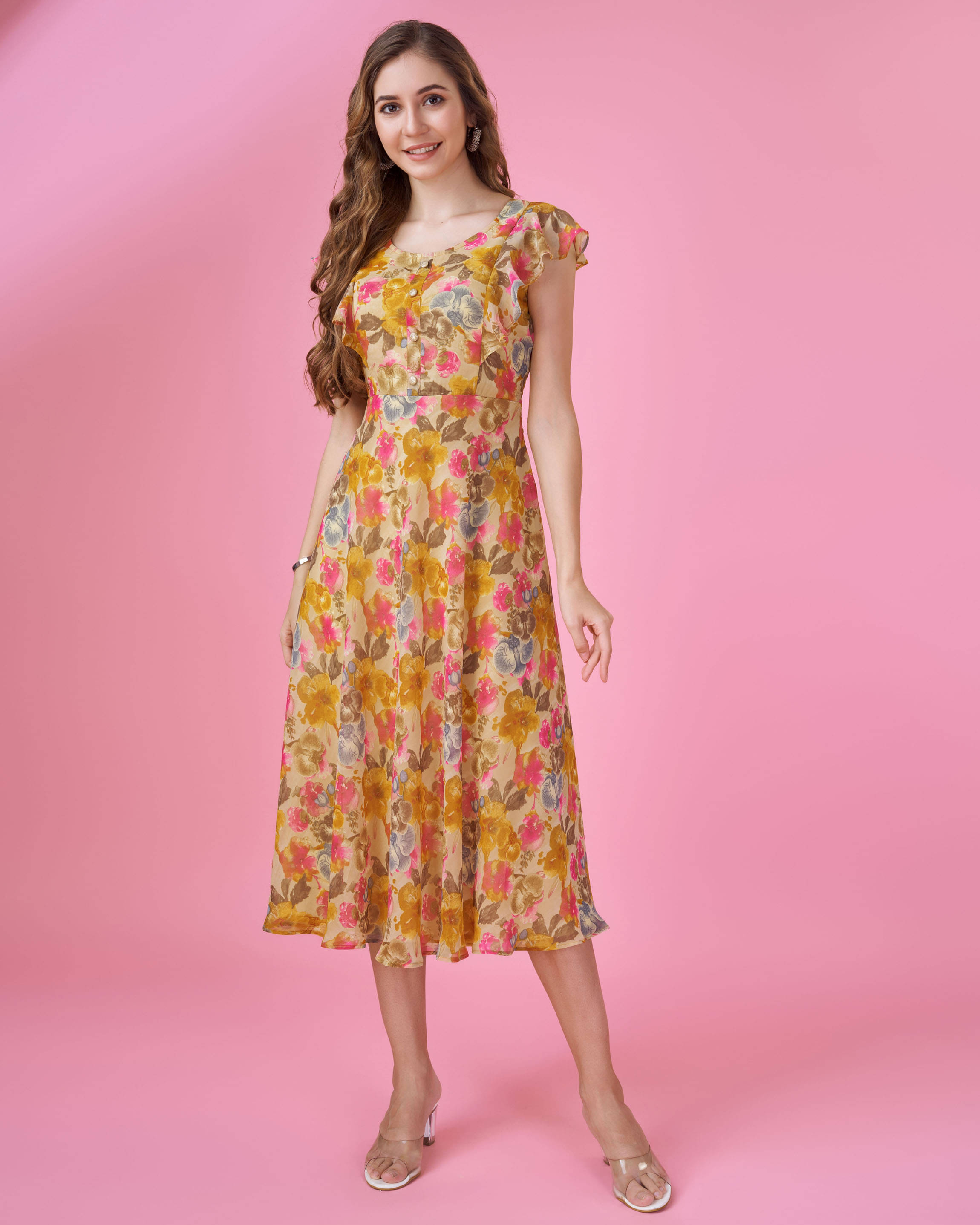 MOJILAA Women Georgette Printed Fit & Flare Dress ( Mustard ) MOJILAA Women Georgette Printed Fit & Flare Dress ( Mustard )