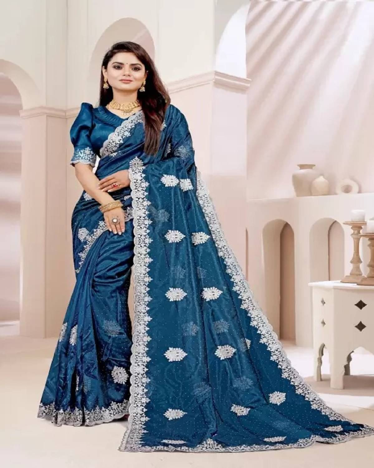Saadhvi Net Embroidered Saree With Unstitched Blouse Piece ( Turquoise ) Saadhvi Net Embroidered Saree With Unstitched Blouse Piece ( Turquoise )