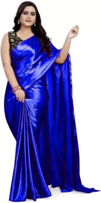     			Samai Satin Solid Saree With Unstitched Blouse Piece ( Blue )