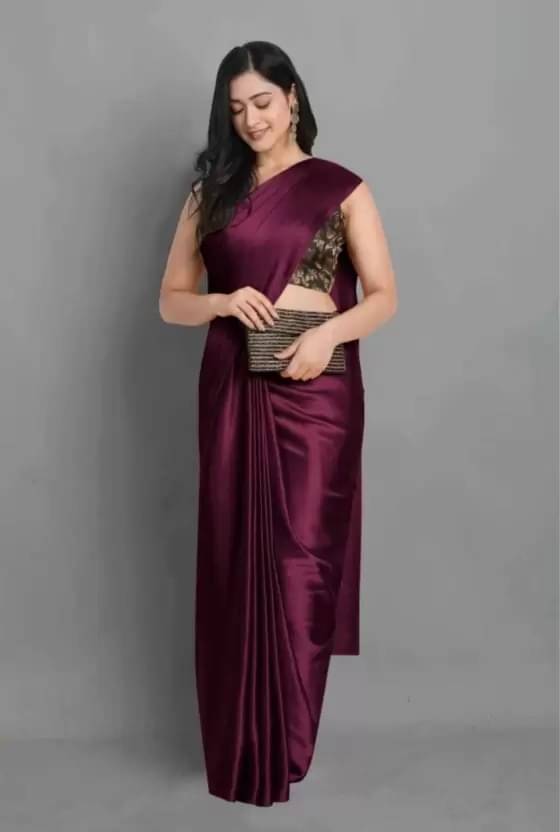 Samai Satin Solid Saree With Unstitched Blouse Piece ( Wine ) Samai Satin Solid Saree With Unstitched Blouse Piece ( Wine )