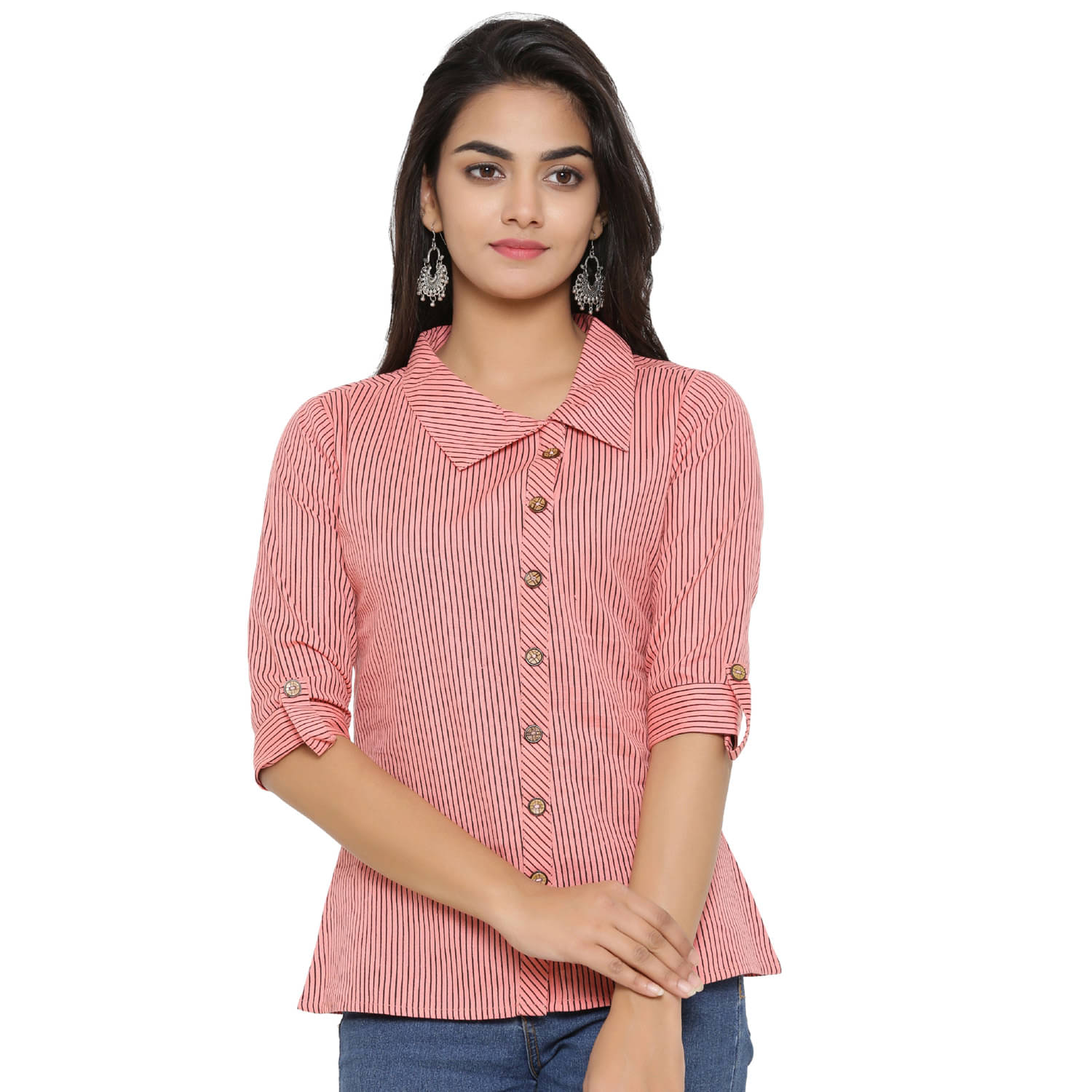 Yash Gallery Women Striped Cotton Shirt ( Peach ) Yash Gallery Women Striped Cotton Shirt ( Peach )