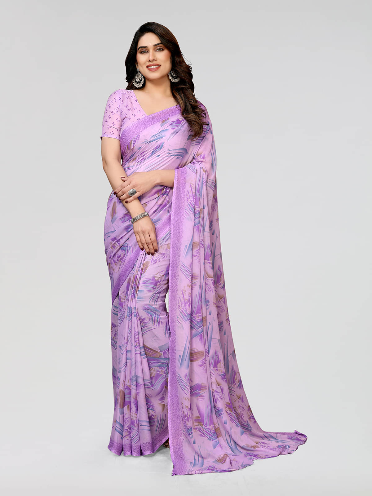 ANAND SAREES Georgette Printed Saree With Unstitched Blouse Piece ( Purple )     			ANAND SAREES Georgette Printed Saree With Unstitched Blouse Piece ( Purple )