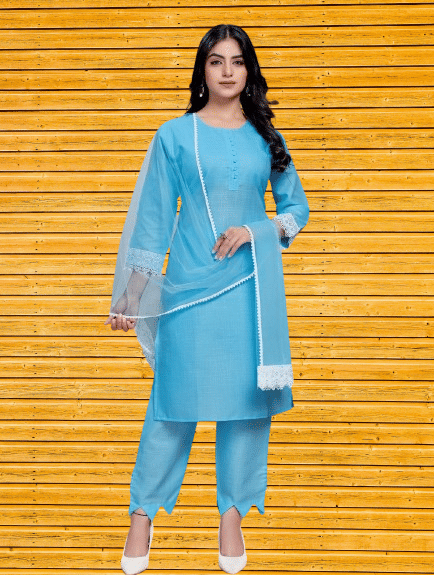     			BIPIN FASHION Women Cotton Silk Self Design Straight Kurti With Pants ( Turquoise )