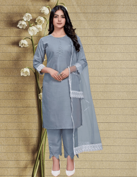     			BIPIN FASHION Women Cotton Silk Self Design Straight Kurti With Pants ( Grey )