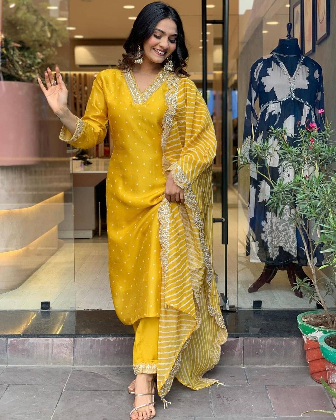     			BOUGHT FIRST Pack of 1 Cotton Silk Self Design A-line Women's Kurti with Dupatta - ( Yellow )