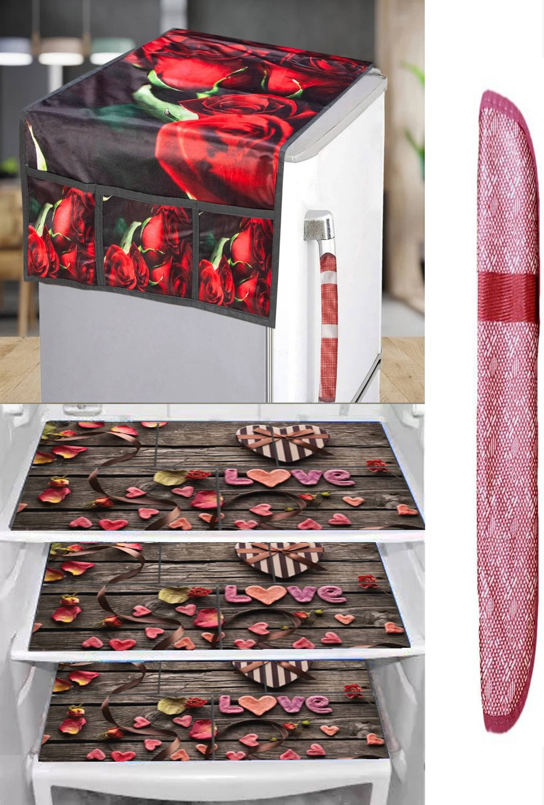     			Crosmo Polyester Floral Fridge Mat & Cover ( 53 99 ) Pack of 5 - Red