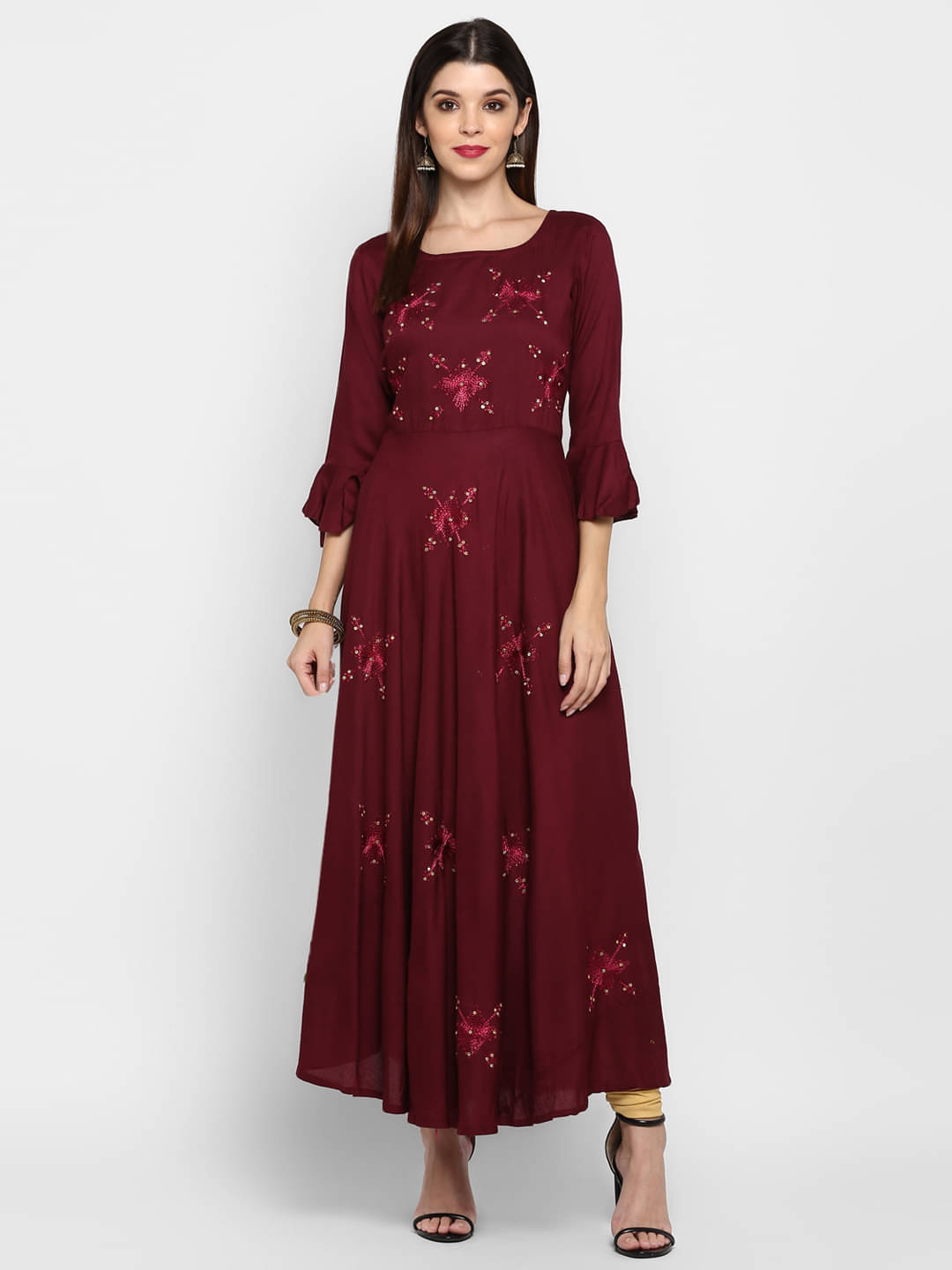 Gulmehak Pack of 1 Rayon Embroidered Flared Women's Kurti - ( Purple )     			Gulmehak Pack of 1 Rayon Embroidered Flared Women's Kurti - ( Purple )