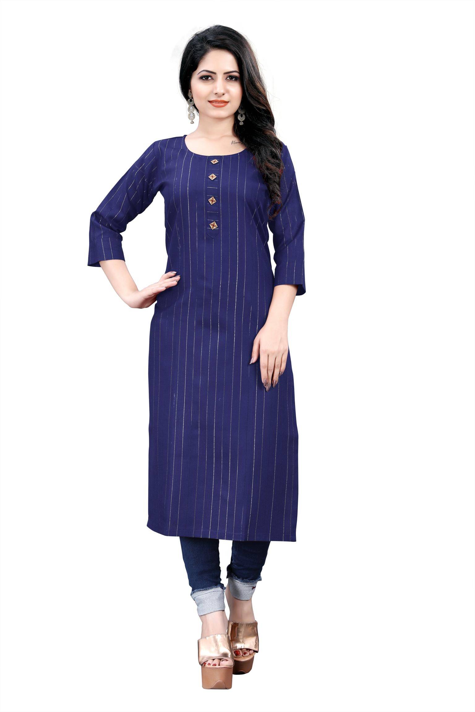HF Holyday Fashion Pack of 1 Cotton Striped Straight Women's Kurti - ( Blue ) HF Holyday Fashion Pack of 1 Cotton Striped Straight Women's Kurti - ( Blue )