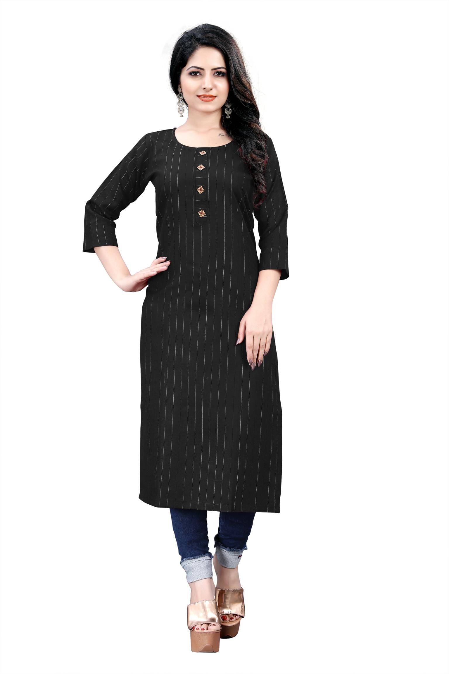HF Holyday Fashion Pack of 1 Cotton Striped Straight Women's Kurti - ( Black ) HF Holyday Fashion Pack of 1 Cotton Striped Straight Women's Kurti - ( Black )