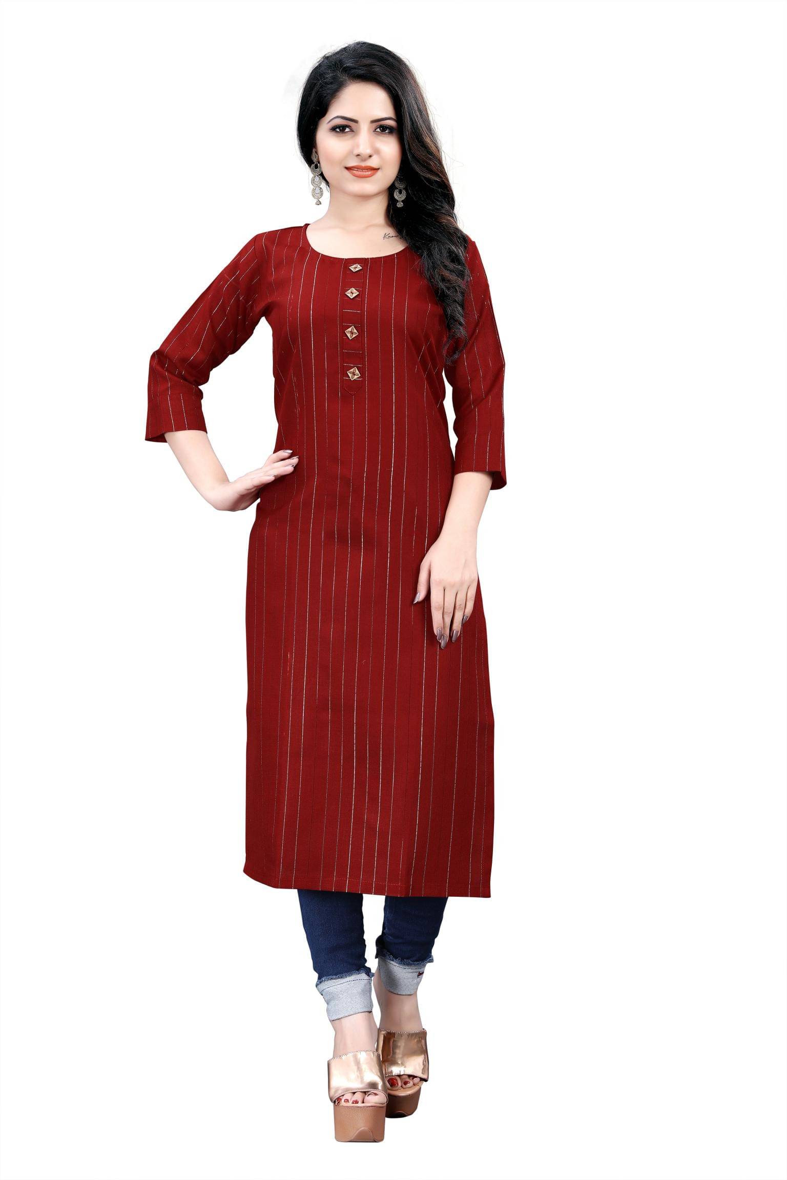 HF Holyday Fashion Pack of 1 Cotton Striped Straight Women's Kurti - ( Maroon ) HF Holyday Fashion Pack of 1 Cotton Striped Straight Women's Kurti - ( Maroon )