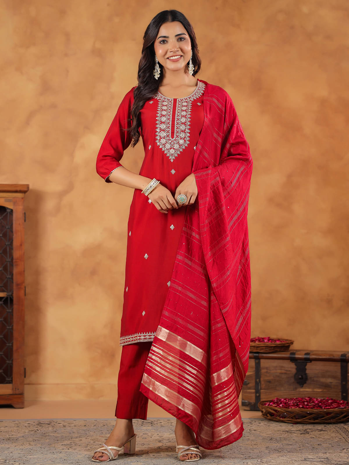 Janasya Chanderi Embellished Kurti With Pants Women's Stitched Salwar Suit - Maroon ( Pack of 1 ) Janasya Chanderi Embellished Kurti With Pants Women's Stitched Salwar Suit - Maroon ( Pack of 1 )
