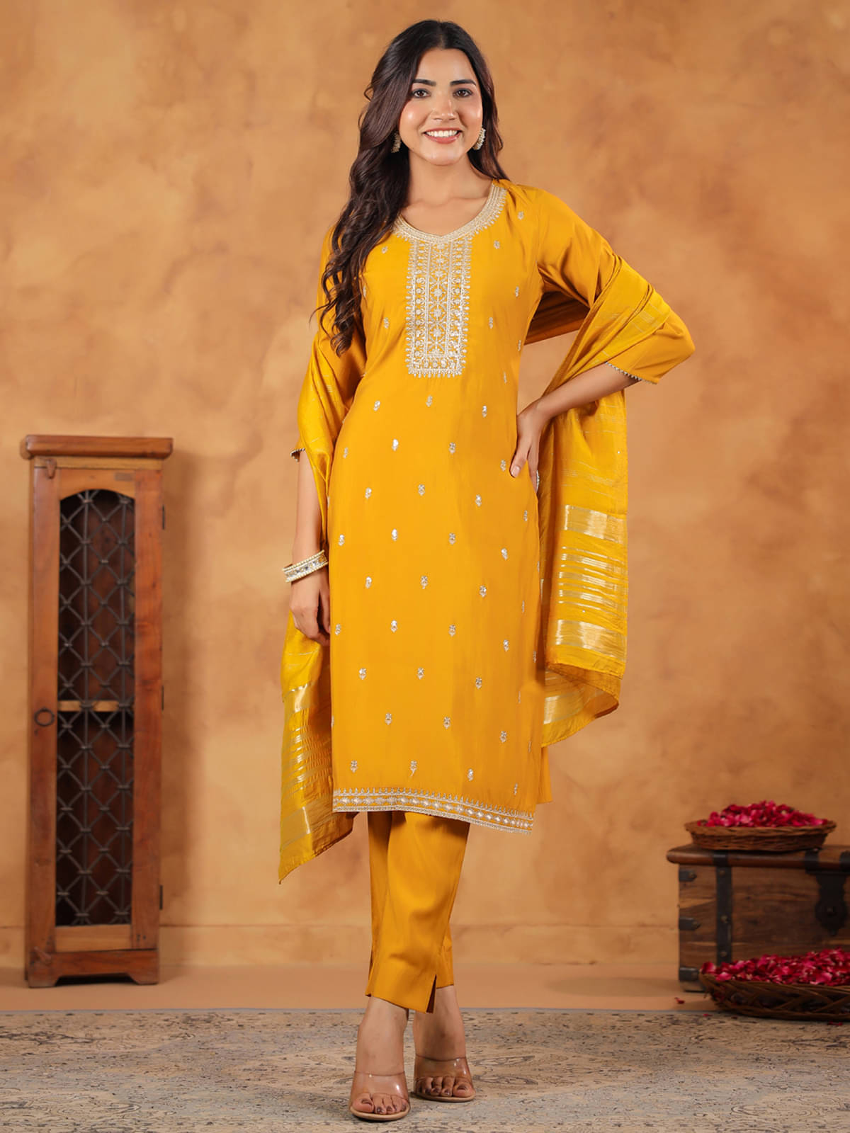 Janasya Chanderi Embellished Kurti With Pants Women's Stitched Salwar Suit - Mustard ( Pack of 1 ) Janasya Chanderi Embellished Kurti With Pants Women's Stitched Salwar Suit - Mustard ( Pack of 1 )