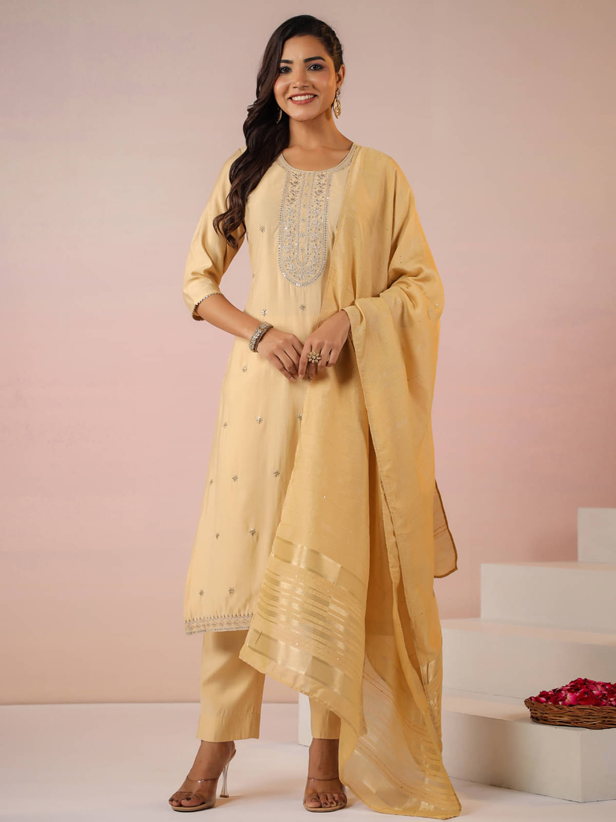     			Janasya Chanderi Embellished Kurti With Pants Women's Stitched Salwar Suit - Beige ( Pack of 1 )
