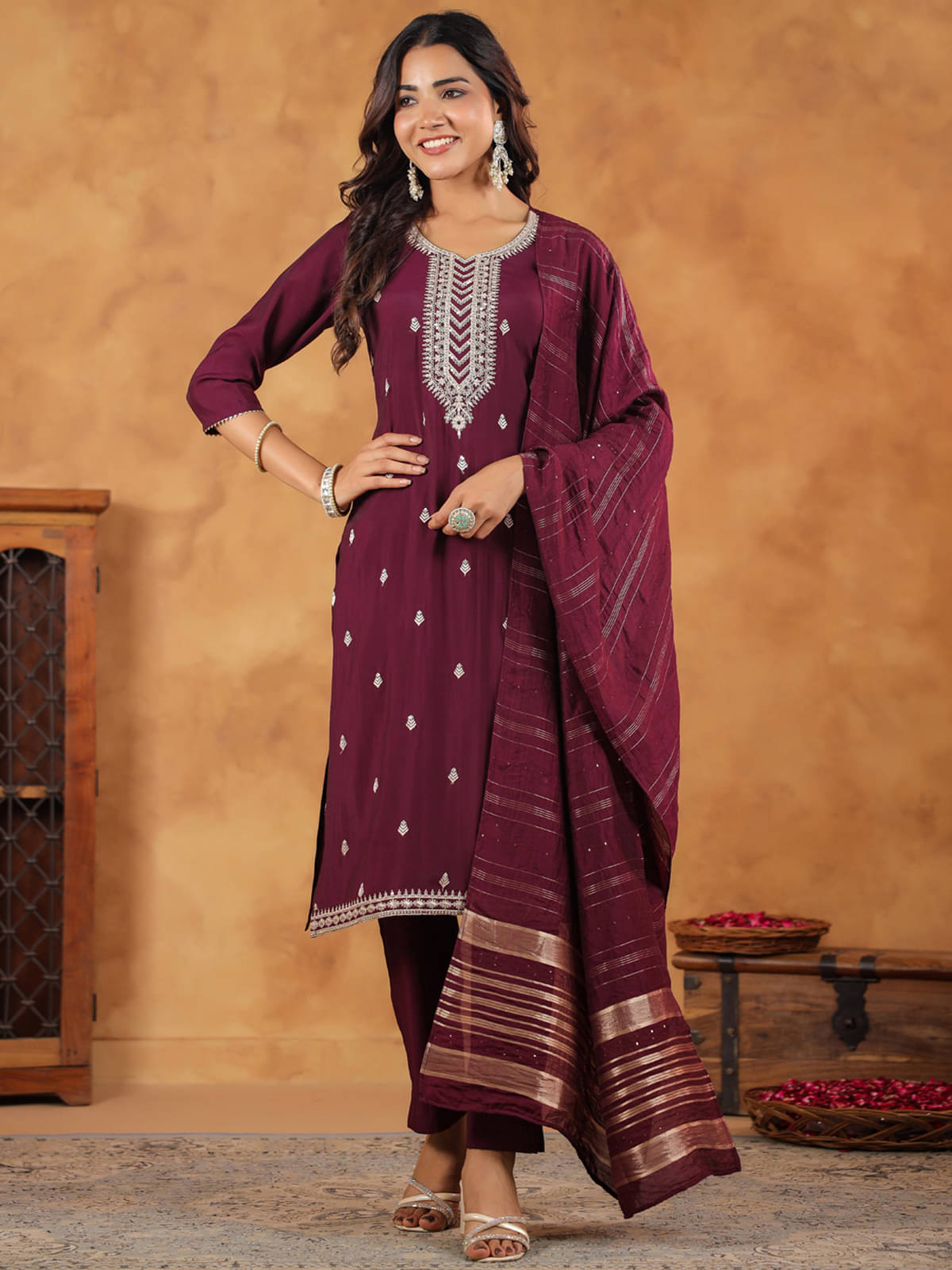 Janasya Chanderi Embroidered Kurti With Pants Women's Stitched Salwar Suit - Wine ( Pack of 1 ) Janasya Chanderi Embroidered Kurti With Pants Women's Stitched Salwar Suit - Wine ( Pack of 1 )