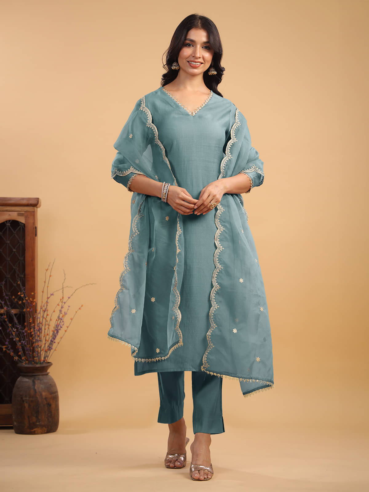     			Janasya Chanderi Solid Kurti With Pants Women's Stitched Salwar Suit - Light Blue ( Pack of 1 )