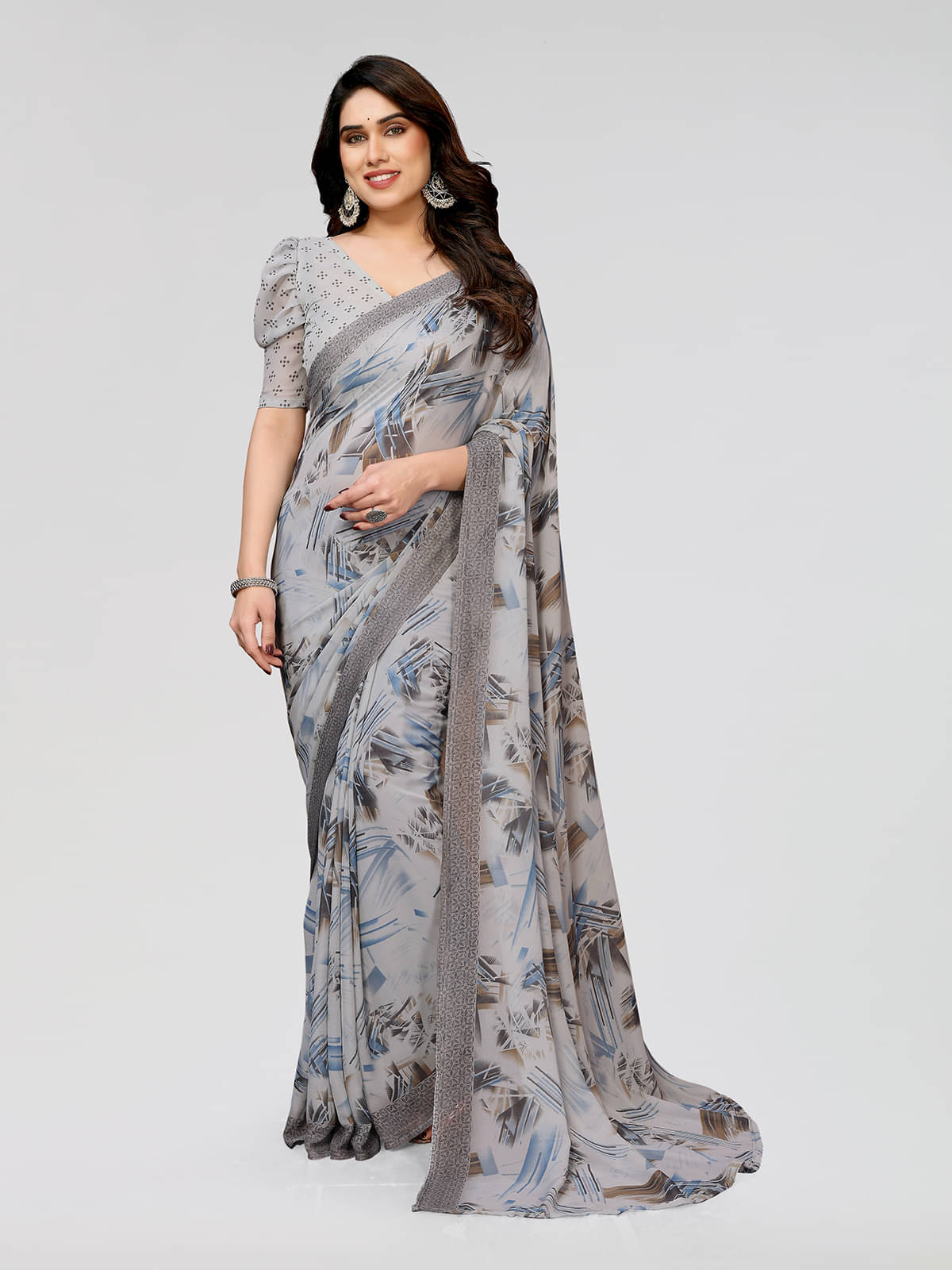 Kashvi Sarees Georgette Printed Saree With Unstitched Blouse Piece ( Grey ) Kashvi Sarees Georgette Printed Saree With Unstitched Blouse Piece ( Grey )