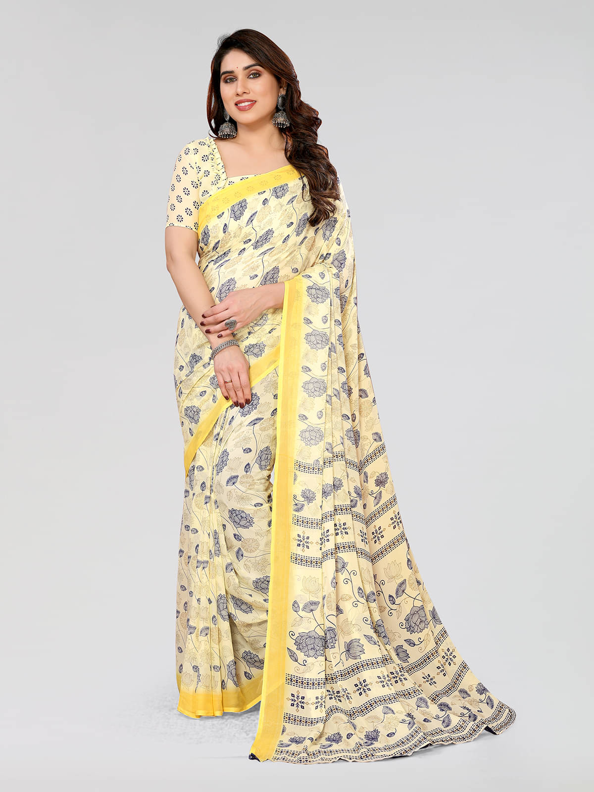 Kashvi Sarees Georgette Printed Saree With Unstitched Blouse Piece ( Yellow )     			Kashvi Sarees Georgette Printed Saree With Unstitched Blouse Piece ( Yellow )