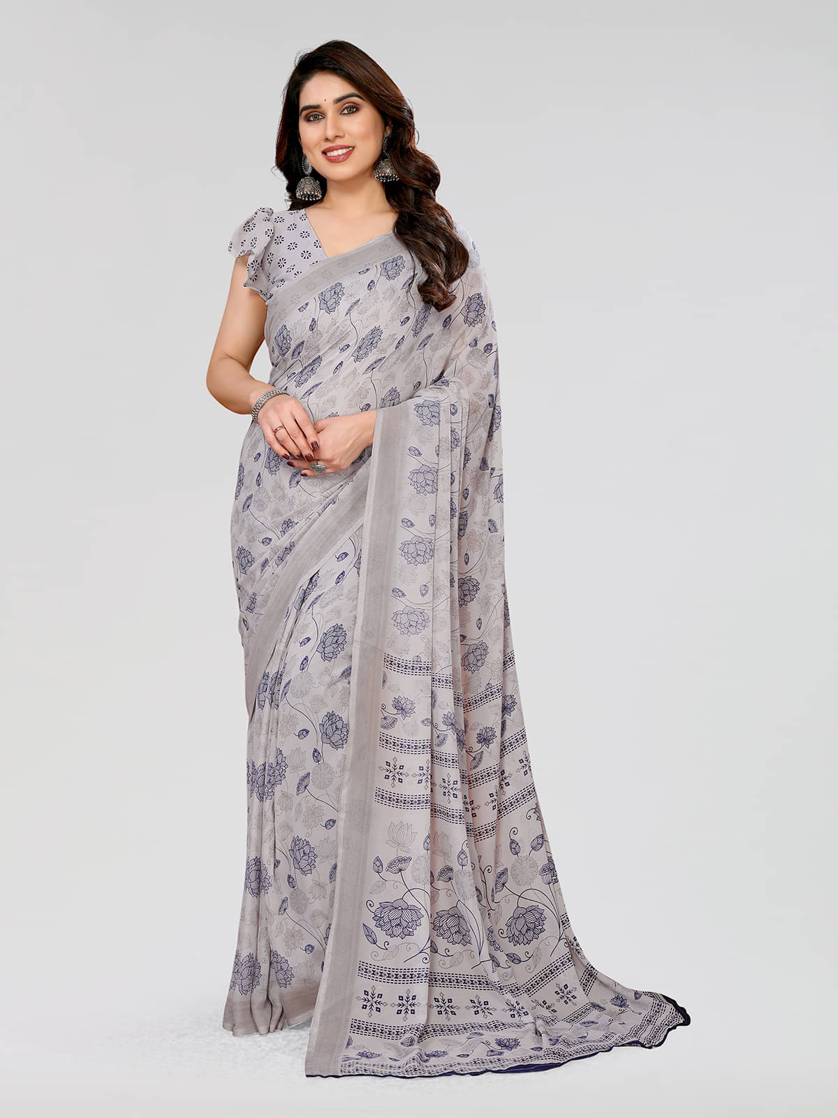 Kashvi Sarees Georgette Printed Saree With Unstitched Blouse Piece ( Grey )     			Kashvi Sarees Georgette Printed Saree With Unstitched Blouse Piece ( Grey )