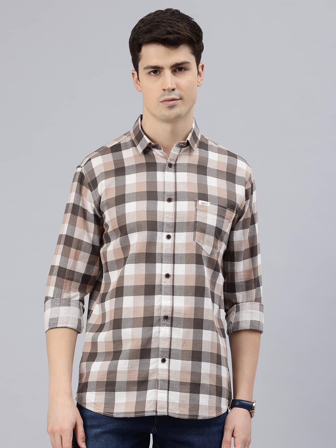 MAJESTIC MAN Cotton Blend Slim Fit Checks Full Sleeves Men's Casual Shirt - Brown ( Pack of 1 )