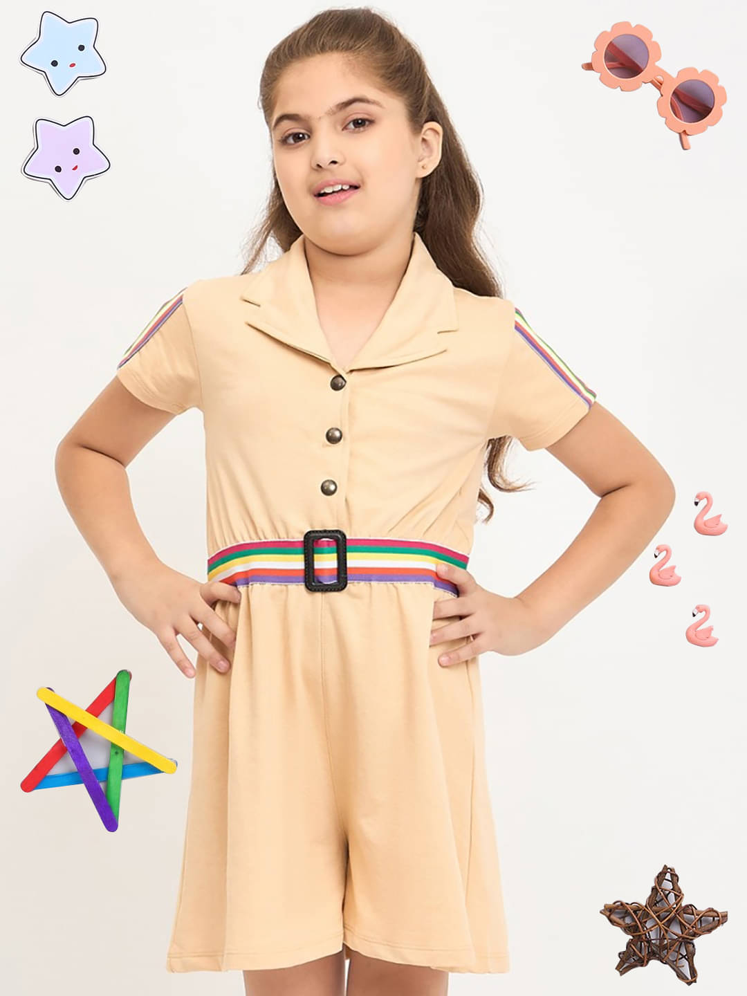     			PAMPOLINA Cotton Blend Dungarees For Girls ( Pack of 1 , Beige )