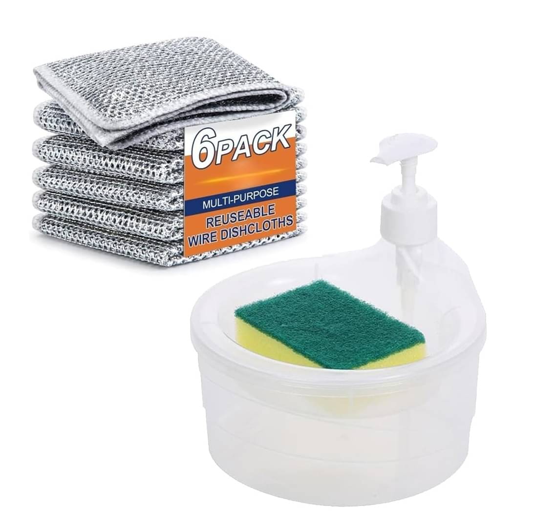 SIBZ 2 in 1 Liquid Soap Dispenser & 6 Pcs Dish Scrubber Dishwash Liquid Pump Non Scratch Wire Dish Cloth 250 g SIBZ 2 in 1 Liquid Soap Dispenser & 6 Pcs Dish Scrubber Dishwash Liquid Pump Non Scratch Wire Dish Cloth 250 g