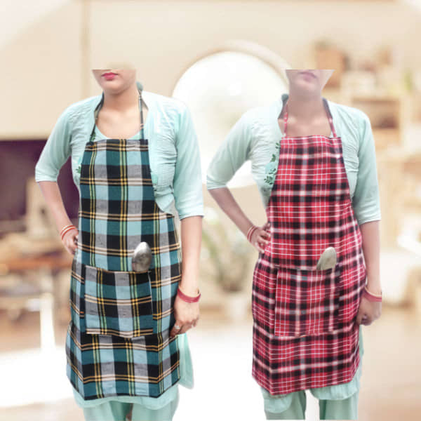 Sanraksshan Cotton Checks Kitchen Apron with 1 Center Pocket ( Pack of 2 )