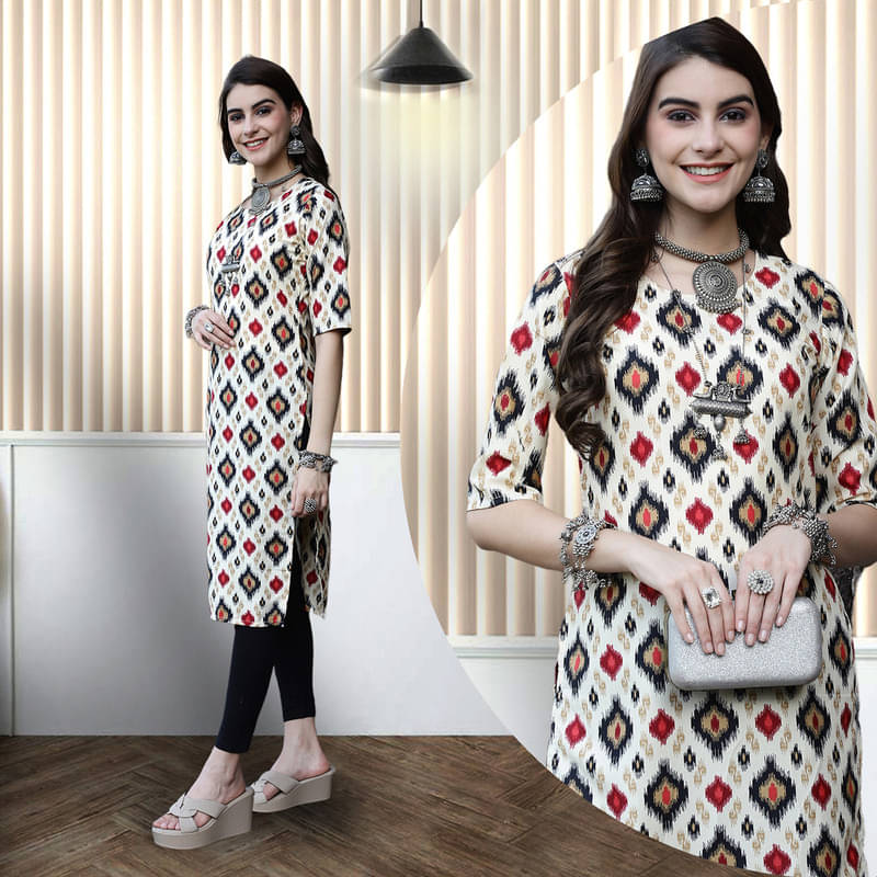     			1 Stop Fashion Pack of 1 Crepe Printed Nayra Women's Kurti - ( White )