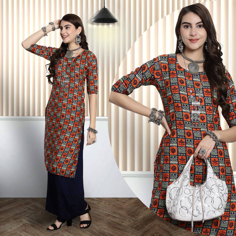 1 Stop Fashion Pack of 1 Crepe Printed Nayra Women's Kurti - ( Fluorescent Orange ) 1 Stop Fashion Pack of 1 Crepe Printed Nayra Women's Kurti - ( Fluorescent Orange )