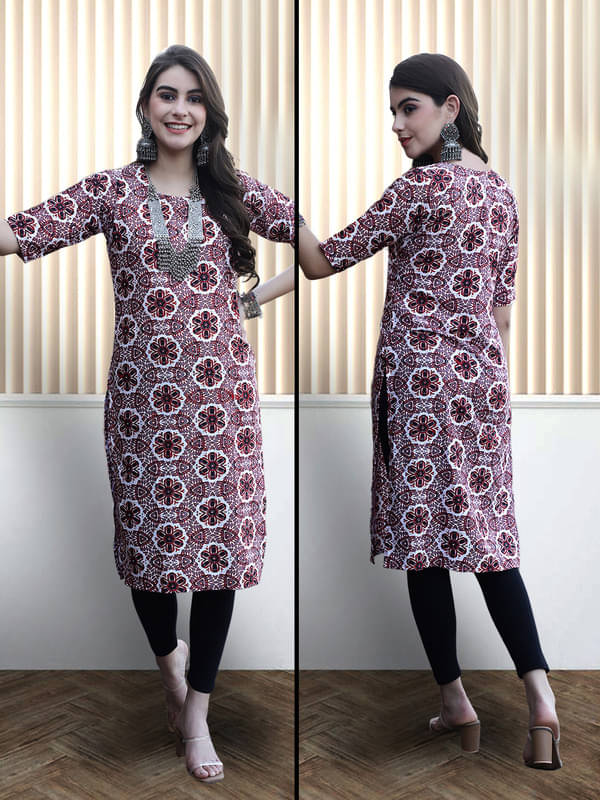 1 Stop Fashion Pack of 1 Crepe Printed Nayra Women's Kurti - ( Red )     			1 Stop Fashion Pack of 1 Crepe Printed Nayra Women's Kurti - ( Red )