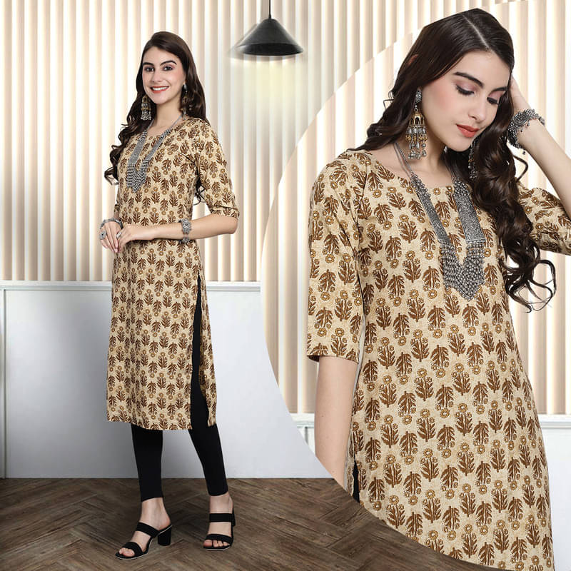     			1 Stop Fashion Pack of 1 Crepe Printed Nayra Women's Kurti - ( Gold )