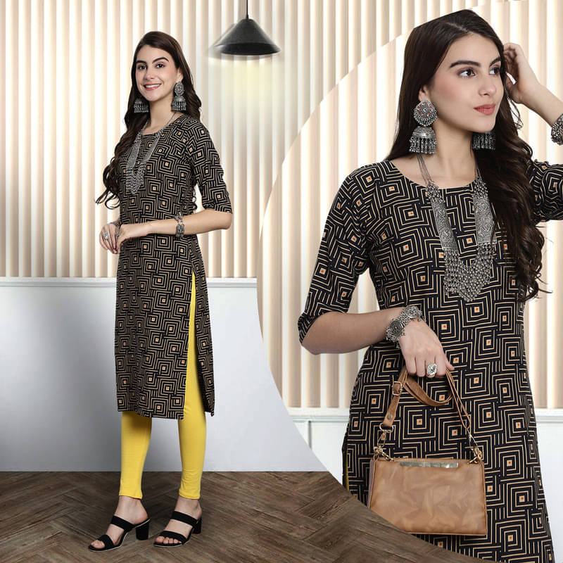 1 Stop Fashion Pack of 1 Crepe Printed Nayra Women's Kurti - ( Black ) 1 Stop Fashion Pack of 1 Crepe Printed Nayra Women's Kurti - ( Black )