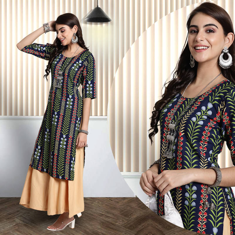 1 Stop Fashion Pack of 1 Crepe Printed Nayra Women's Kurti - ( Navy ) 1 Stop Fashion Pack of 1 Crepe Printed Nayra Women's Kurti - ( Navy )