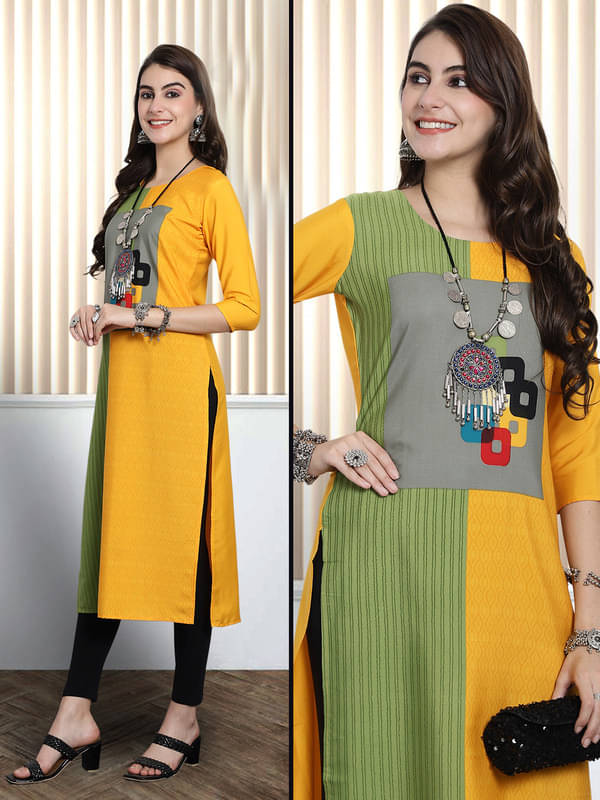 1 Stop Fashion Pack of 1 Crepe Printed Nayra Women's Kurti - ( Yellow ) 1 Stop Fashion Pack of 1 Crepe Printed Nayra Women's Kurti - ( Yellow )