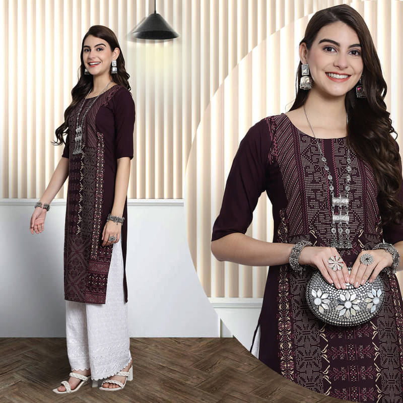     			1 Stop Fashion Pack of 1 Crepe Printed Nayra Women's Kurti - ( Purple )