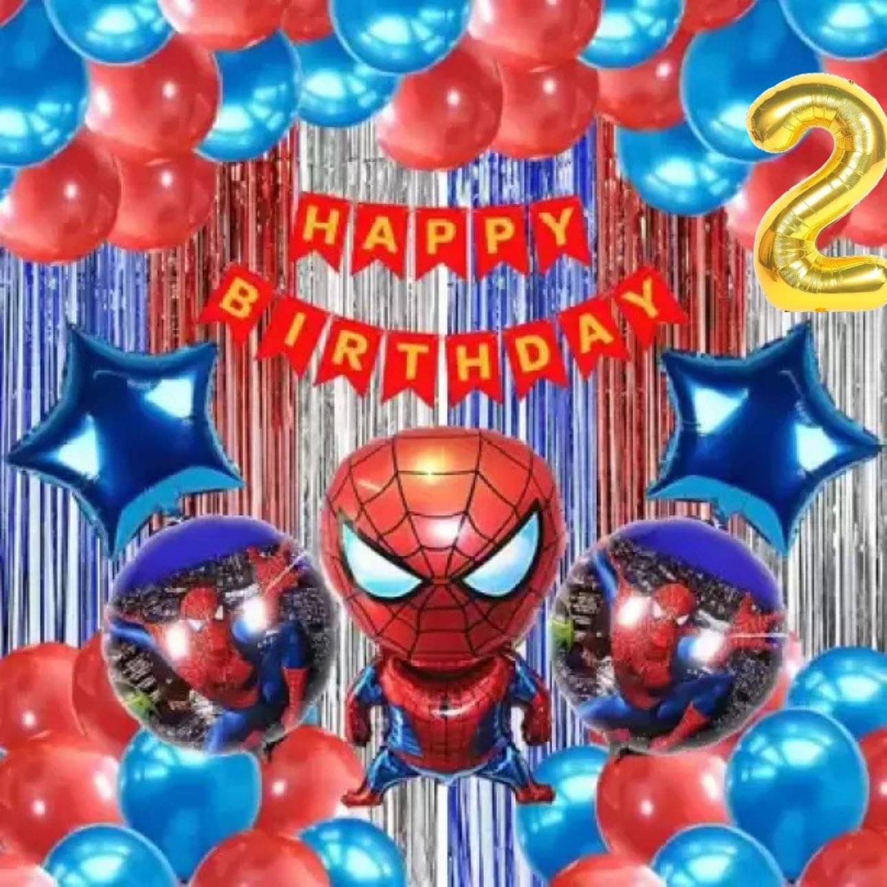     			2ND HAPPY BIRTHDAY PARTY DECORATION ( CELEBRATION ) WITH SPIDERMAN THEME RED BIRTHDAY BANNER 1 SET SPIDER MAN 30 RED BLUE BALLOON 1 RED 1 SILVER 1 BLUE CURTAIN 2 NO GOLD FOIL BALLOON