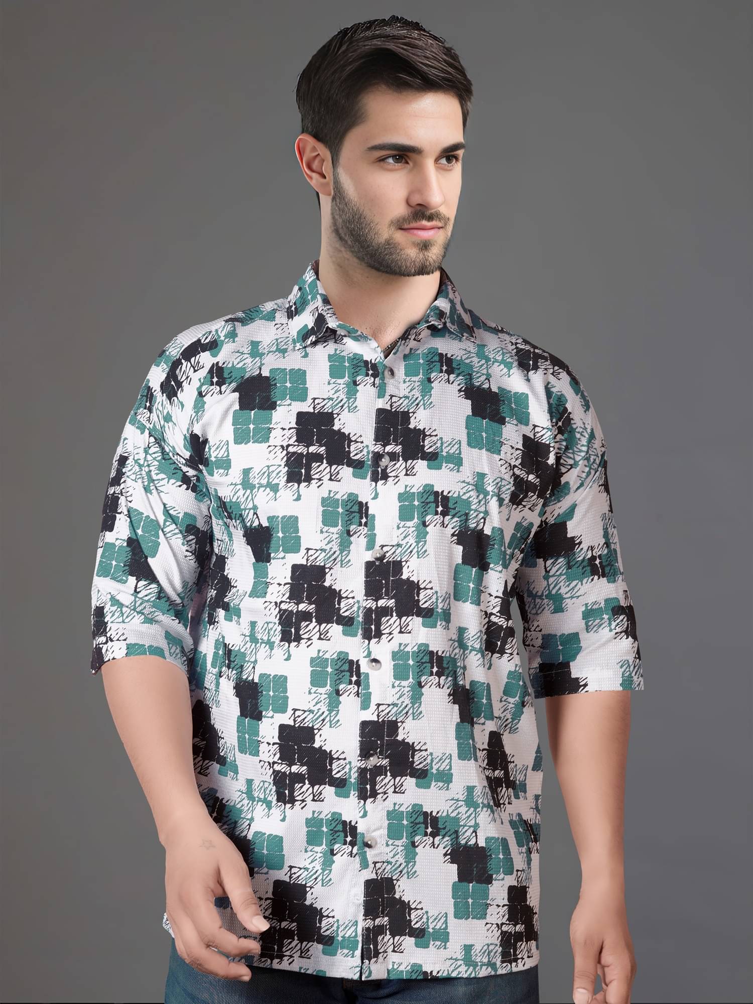 JB JUST BLACK Cotton Blend Oversized Fit Printed 3/4th Sleeves Men's Casual Shirt - Green ( Pack of 1 ) JB JUST BLACK Cotton Blend Oversized Fit Printed 3/4th Sleeves Men's Casual Shirt - Green ( Pack of 1 )