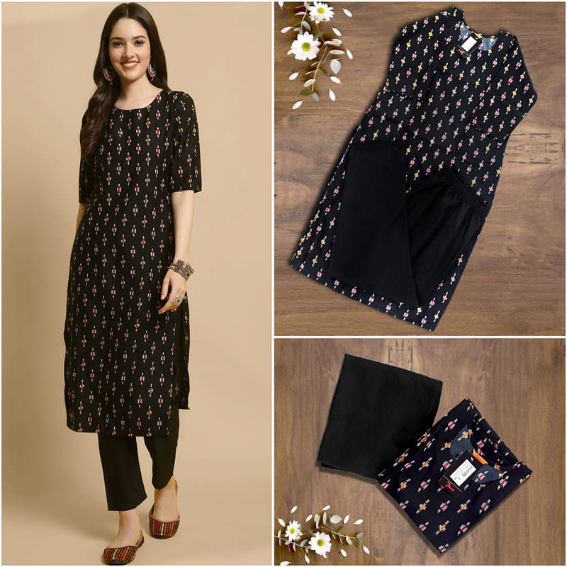     			1 Stop Fashion Pack of 1 Crepe Printed A-line Women's Kurti - ( Black )
