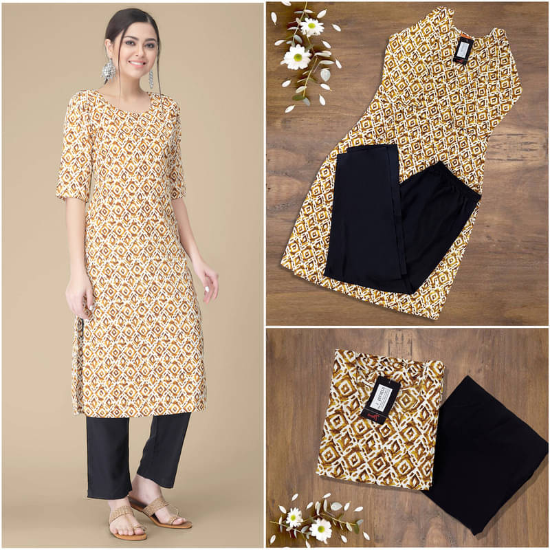     			1 Stop Fashion Pack of 1 Crepe Printed A-line Women's Kurti - ( Gold )