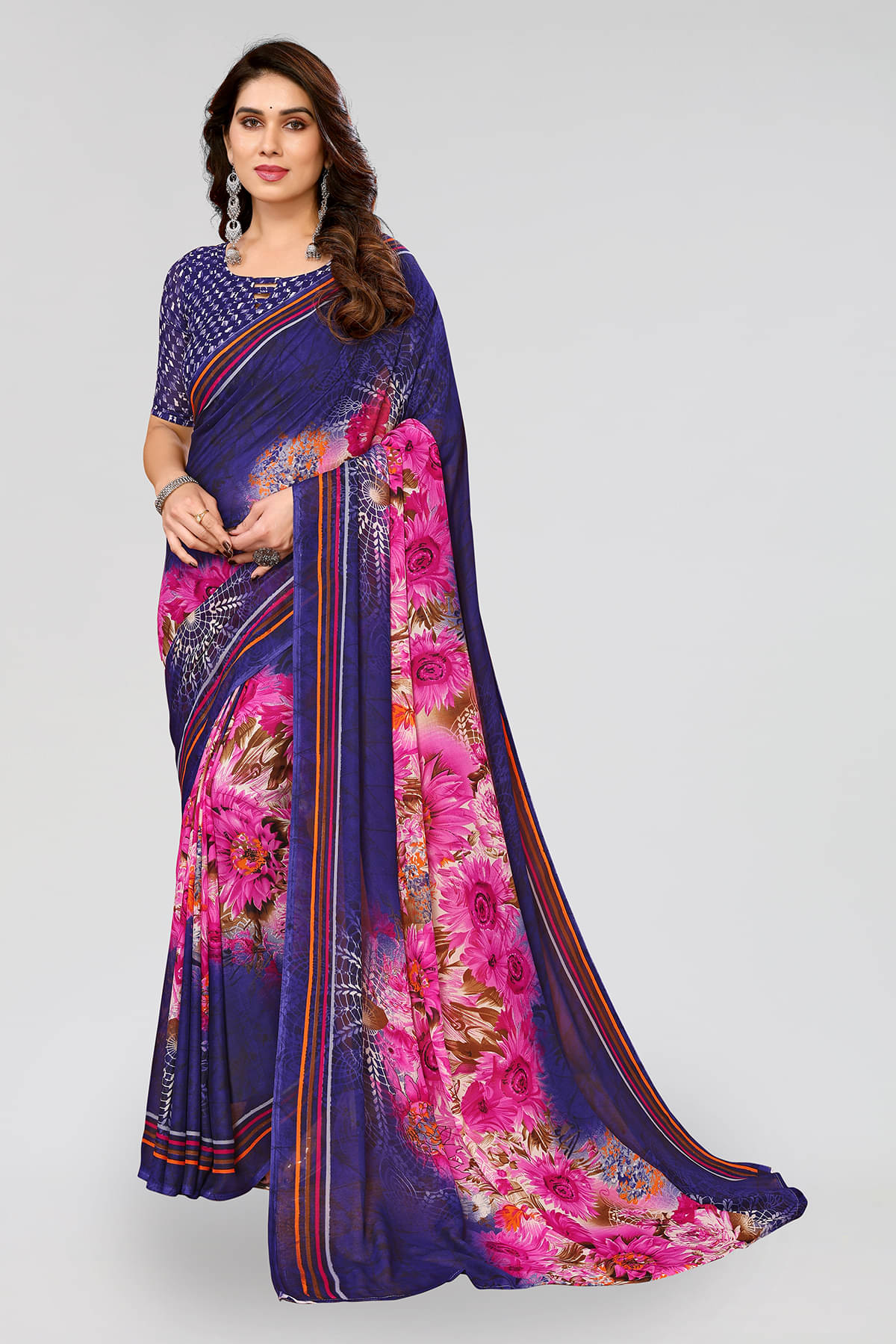 ANAND SAREES Georgette Printed Saree With Unstitched Blouse Piece ( Navy Blue ) ANAND SAREES Georgette Printed Saree With Unstitched Blouse Piece ( Navy Blue )