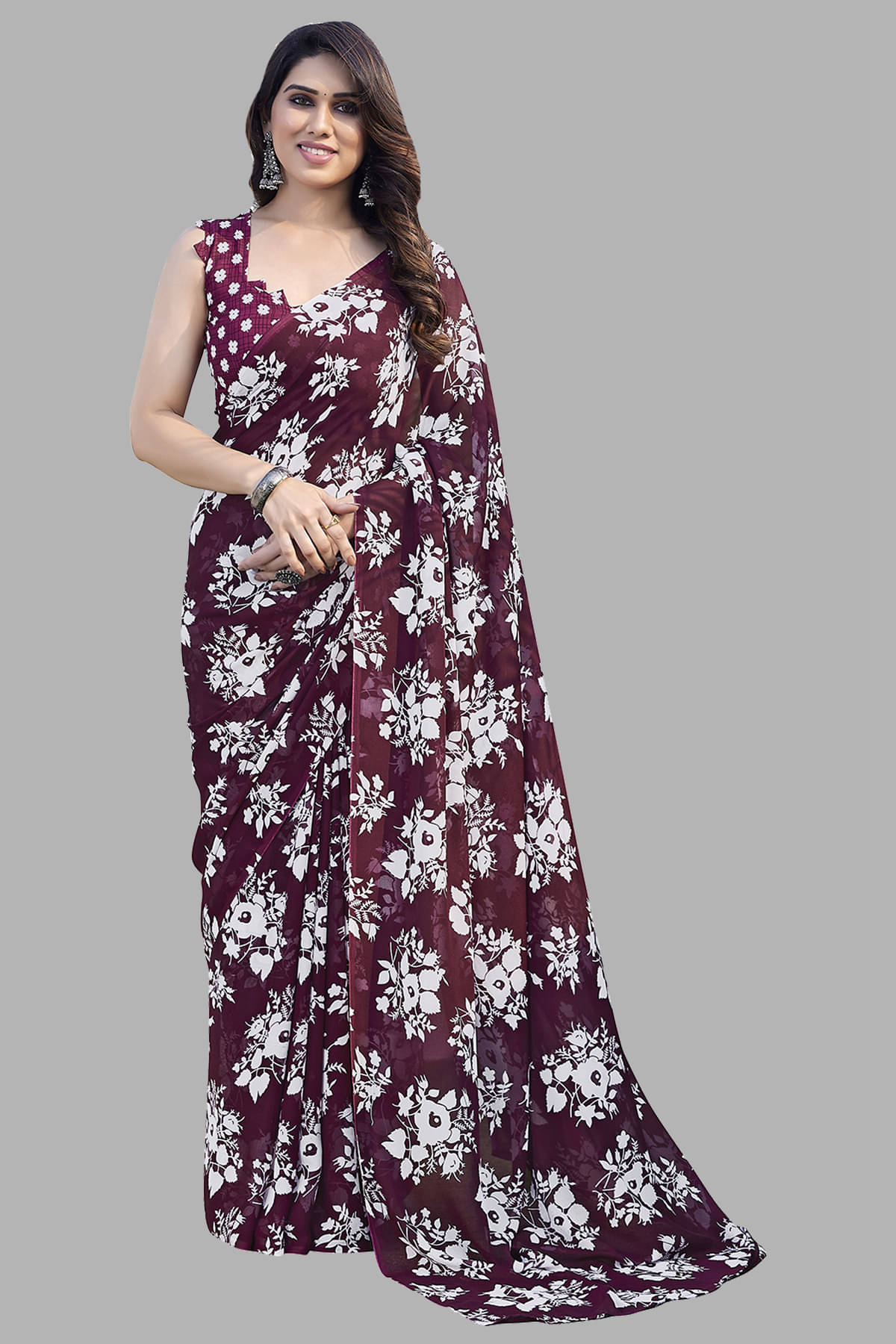     			ANAND SAREES Georgette Printed Saree With Unstitched Blouse Piece ( Maroon )