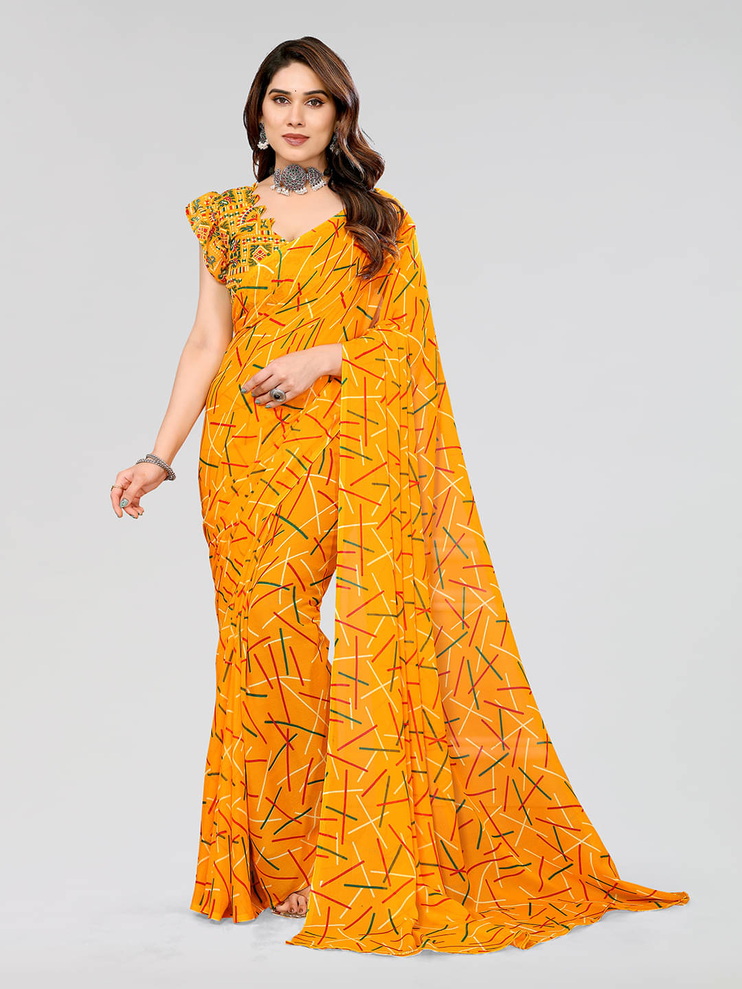 ANAND SAREES Georgette Printed Saree With Unstitched Blouse Piece ( Yellow ) ANAND SAREES Georgette Printed Saree With Unstitched Blouse Piece ( Yellow )