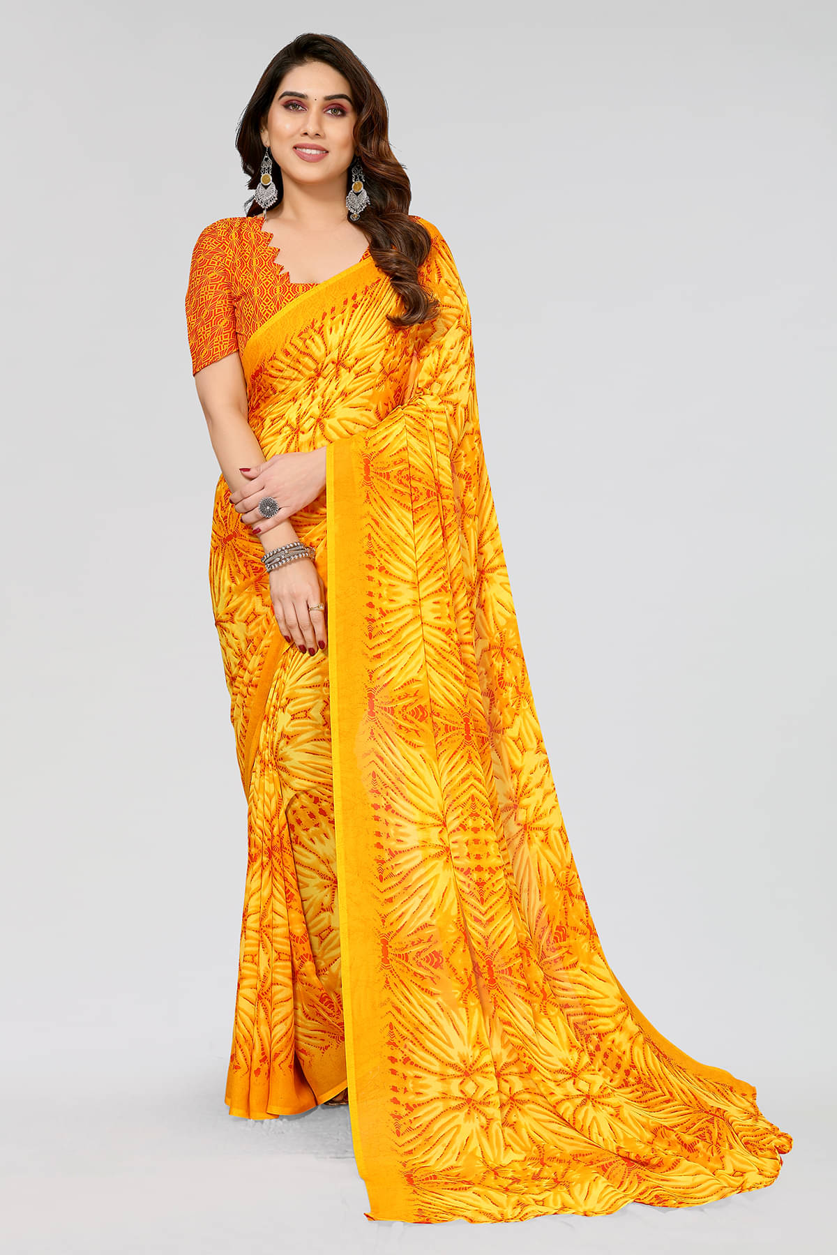 ANAND SAREES Georgette Printed Saree With Unstitched Blouse Piece ( Yellow ) ANAND SAREES Georgette Printed Saree With Unstitched Blouse Piece ( Yellow )