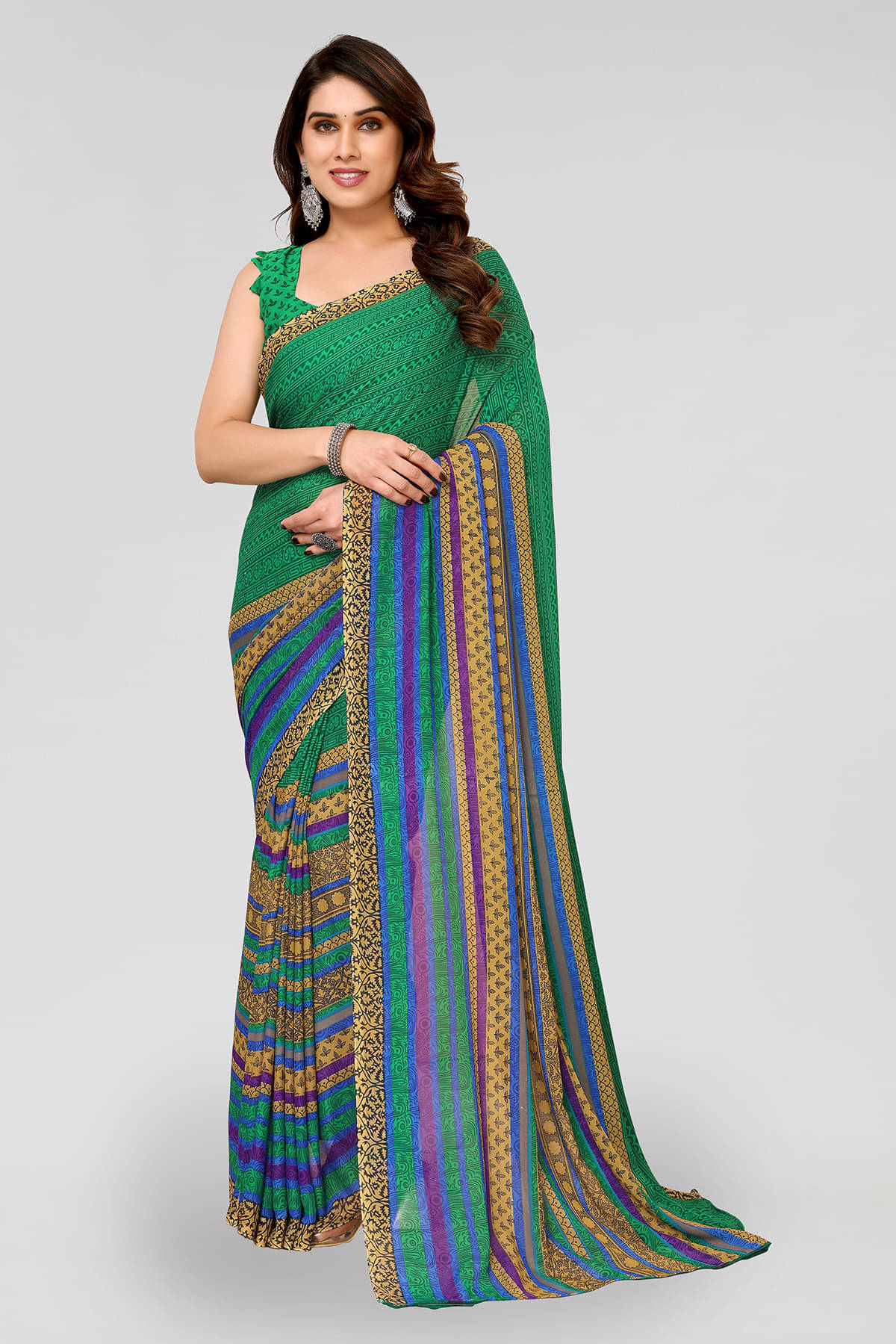 ANAND SAREES Georgette Printed Saree With Unstitched Blouse Piece ( Green ) ANAND SAREES Georgette Printed Saree With Unstitched Blouse Piece ( Green )